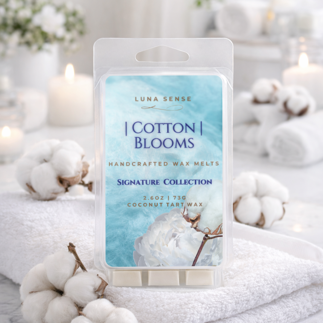 Luna Sense Cotton Blooms wax melt packaging with cotton flowers in the background