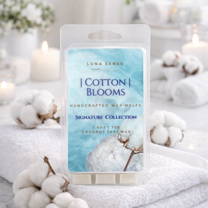 Luna Sense Cotton Blooms wax melt packaging with cotton flowers in the background