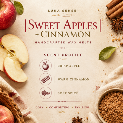 Promotional image for Luna Sense Sweet Apples + Cinnamon wax melts with apples, cinnamon sticks, and star anise.